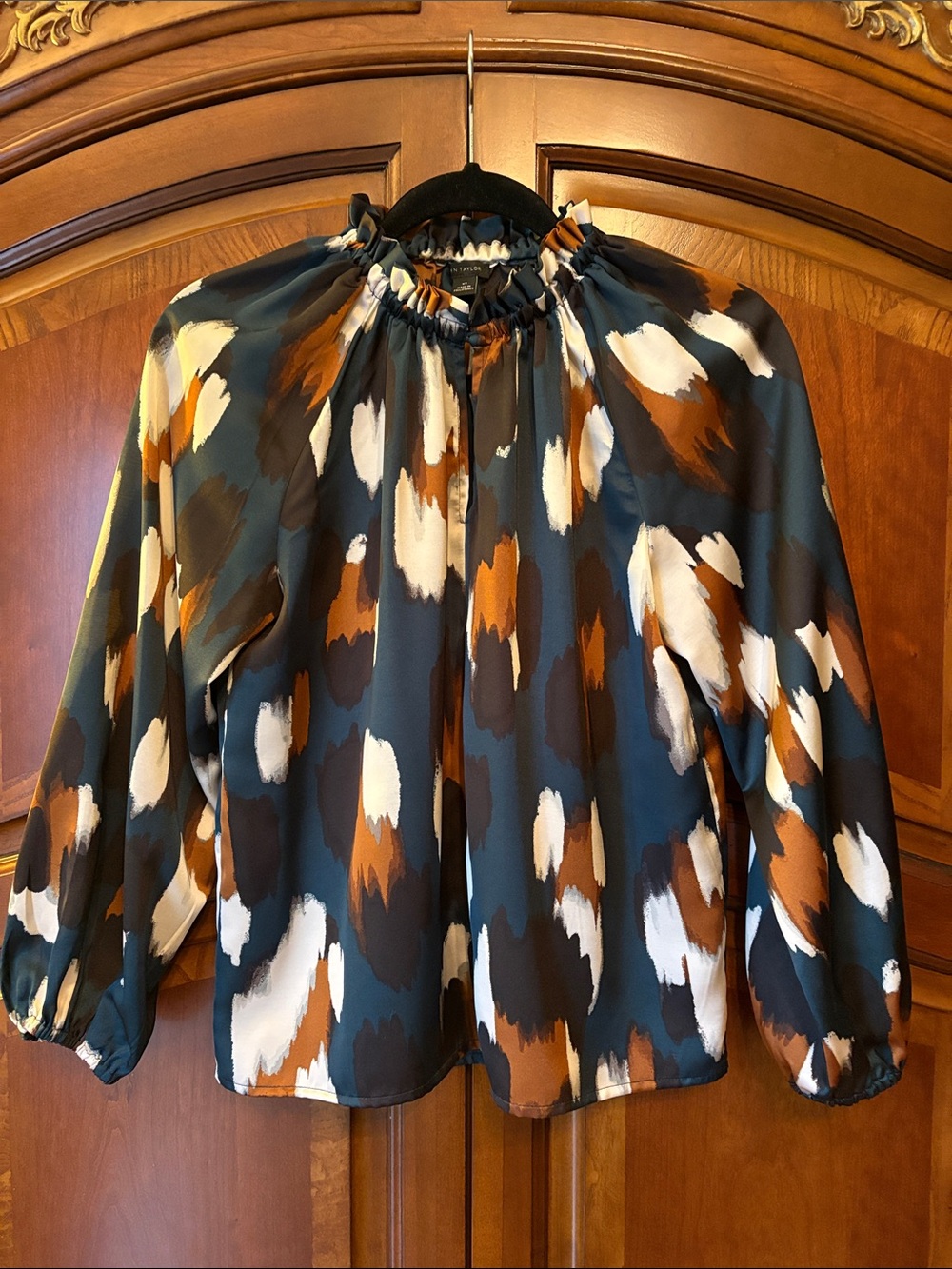 Ann Taylor Teal, Black, Rust & Cream Multi-Brushstroke Smocked-Neck Blouse, XS